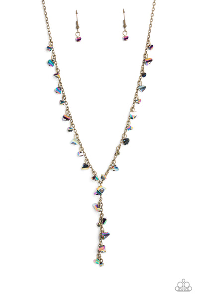 Paparazzi Chiseled Catwalk - Brass Reflective Gems Oil Spill Necklace