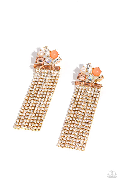 Paparazzi Horizontal Hallmark - Gold Peachy Emerald-cut Earrings