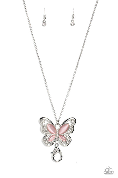 Paparazzi Wings Of Whimsy - Pink Cat;s Eye Butterfly Necklace Lanyard