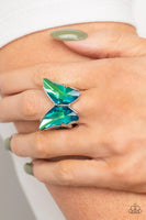 Paparazzi BLACK DIAMOND Fluorescent Flutter - Green UV Butterfly Ring