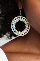 Paparazzi Wall Street Wreaths - Gold Iridescent Marquise-Cut Gems Earrings